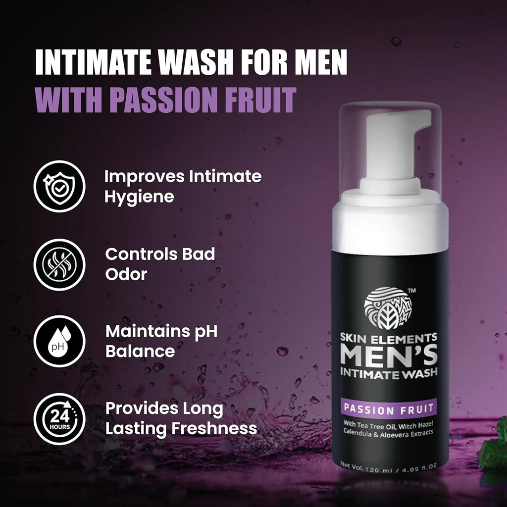 Skin Elements Intimate Wash for Men - Passion Fruit | pH Balanced Foaming Formula | Prevents Itching & Odor (4.05 Fl Oz)