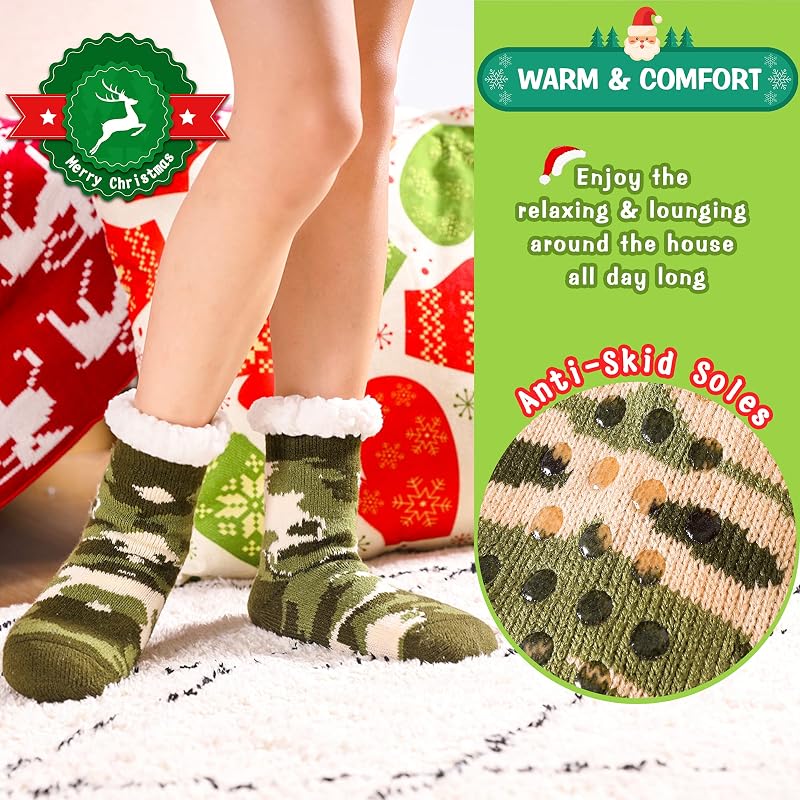 Green Camouflage DoSmart Kids Fuzzy Slipper Socks – Warm Plush Indoor Winter Stockings (8-12 Years)