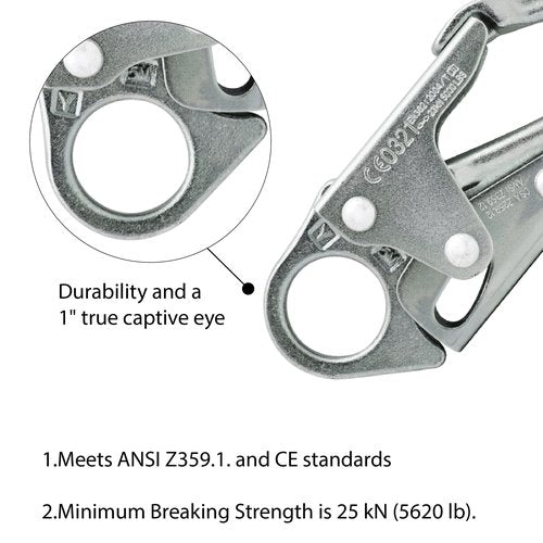 Forged Steel Snap Hook 25KN - Fusion Climb® Maxi-2 - Professional Fall Protection Snap Hook - Heavy Duty Carbon Steel - Double-Action Snap Hook for Safety, Climbing, Rappelling - OSHA