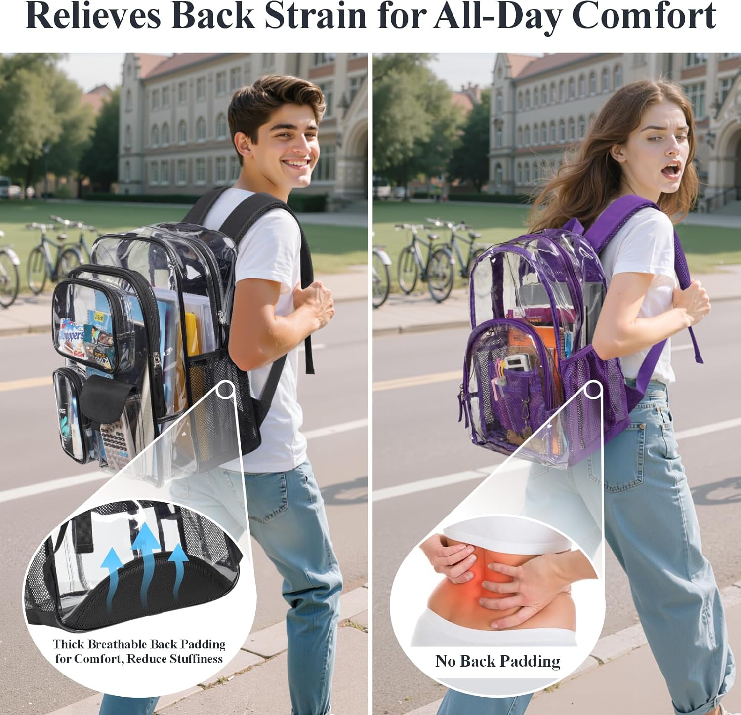 PACKISM Clear Backpack - 18 Inch Heavy Duty Transparent School Bag with 3 Front Pockets, Black