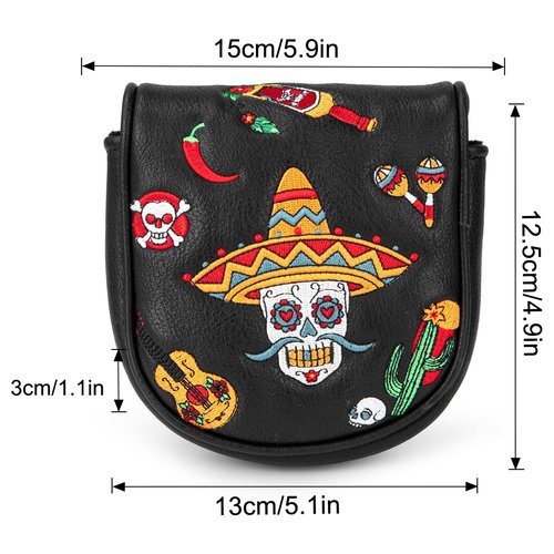 Golf Mallet Putter Cover, Sugar Skull Magnetic Closure Headcover Premium Leather Golf Club Head Covers Fits Golf DF3 Putter, Mallet Putter Headcover