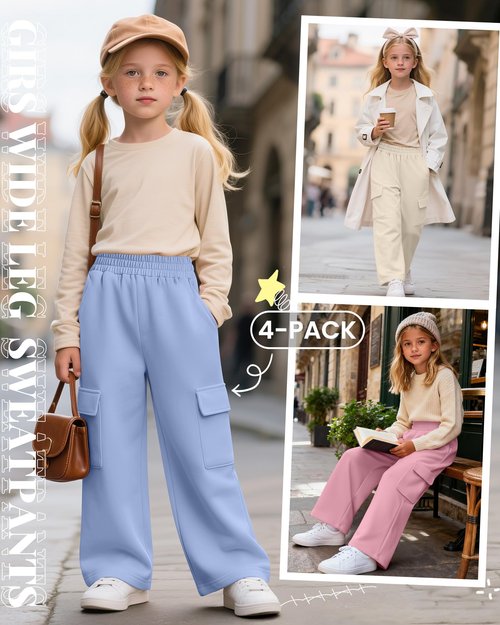 LessonZoo 4 Pack Girl's Wide Leg Sweatpants with Cargo Pockets Baggy Elastic High Waist Pants Kids Casual Athletic 5-14Y(Cream, Pink, Light Blue, Black,13-14 Years)