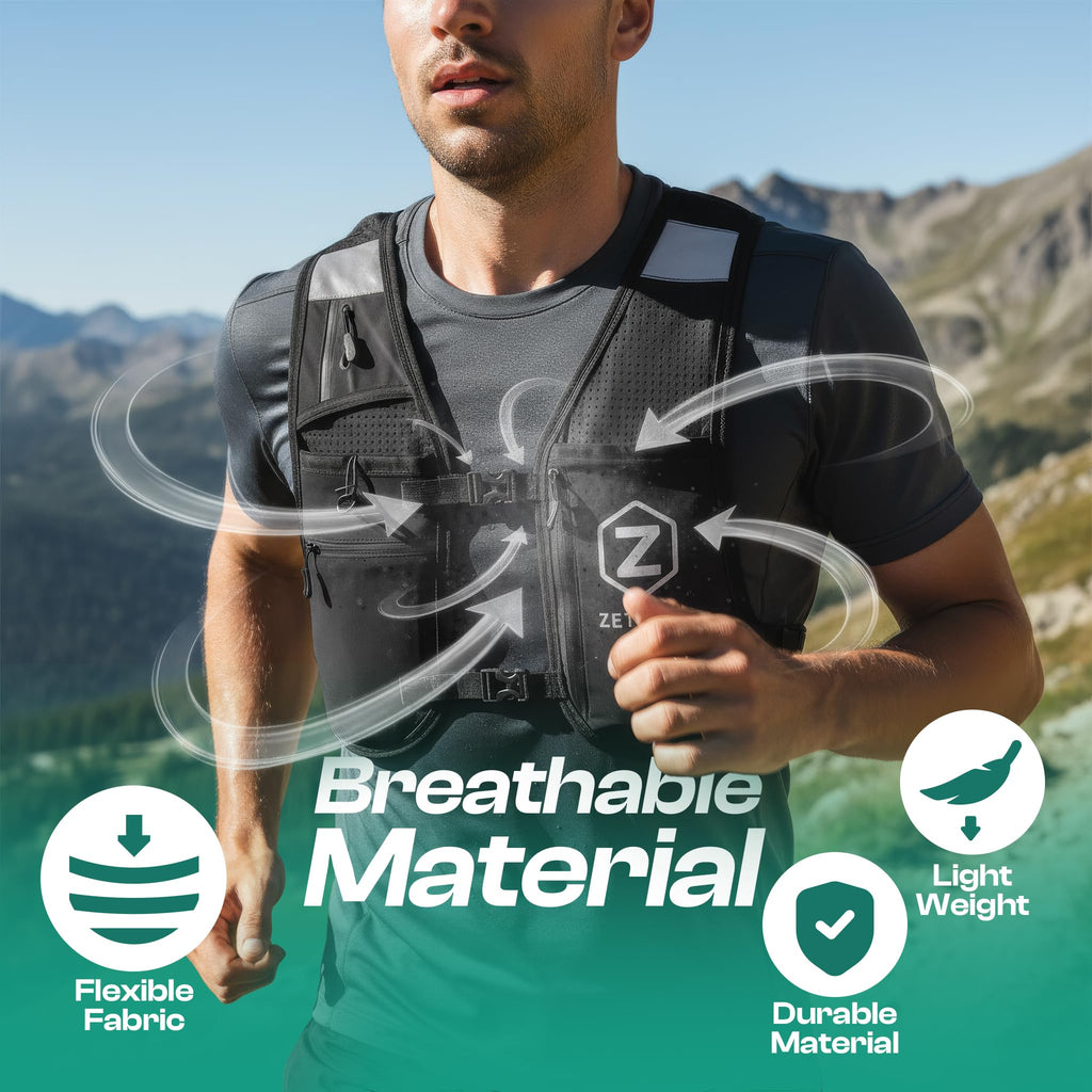 Adjustable Running Vest for Men Women – Running Hydration Vest with Two 500ml/17oz Bottles & Reflective Strips, Multiple Pockets & Bounce-Free Fit – Runners Vest for Marathon, Hiking & Cycling – Black
