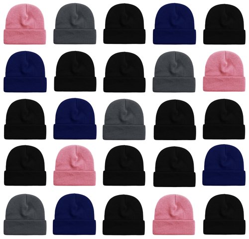 25 Pack Winter Beanie Hats, Unisex Thermal Toboggan Cold Weather Cuffed Caps Bulk Bundle