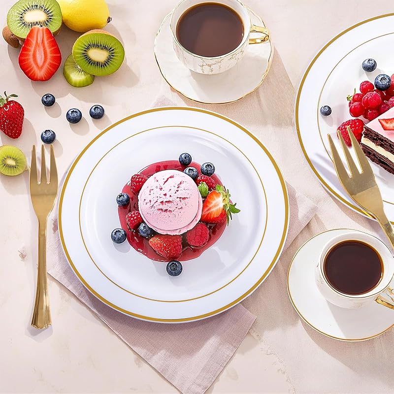 Wellife 240 Pcs Disposable Dessert Plates with Gold Forks, 6.5 Inch White & Gold Rim Set for 120 Guests