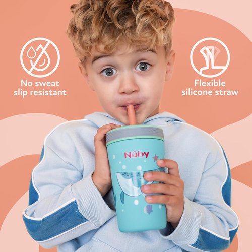 Nuby Thirsty Kids Insulated Toddler Cup - 12 oz Stainless Steel, Leak-Resistant with Silicone Flexstraw - Monster Trucks