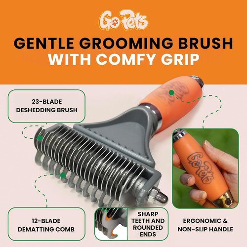GoPets 2-in-1 Dematting Comb - Double-Sided Dog Brush & Cat Grooming Rake for Shedding & Mats