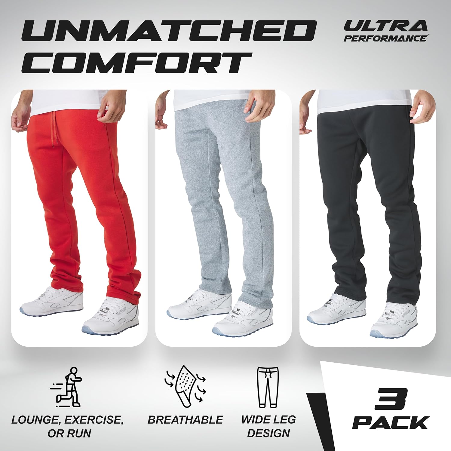 Skiennix Ultra Performance Men's Fleece Sweatpants - Wide Leg, Open Bottom, 3 Pack with Pockets