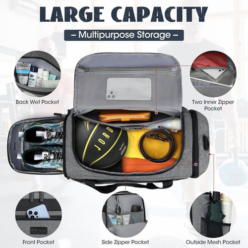 IGOLUMON Gym Bag - 40L Water-Resistant Sports Duffel with Shoe Compartment & Wet Pocket - Gray