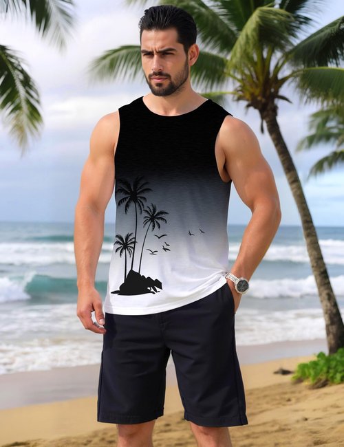 Tanihanp Men Tank Top Graphic Summer Gradient Casual Surfing Beach Tank Top Men Workout Running Swim Gym Mens Palm Tree Sleeveless Shirts XL