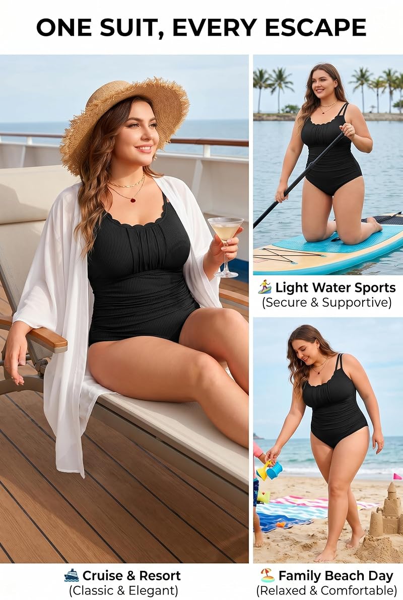 Women's Plus Size One Piece Swimsuit with Tummy Control - Ribbed Bathing Suit, Black+22