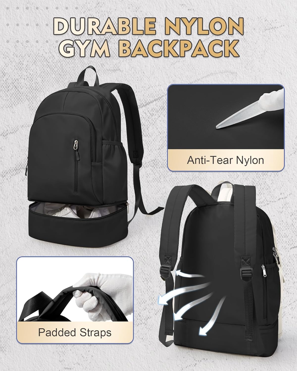 Skiennix Gym Backpack - Lightweight Waterproof Sports Bag with Shoe Compartment | Black