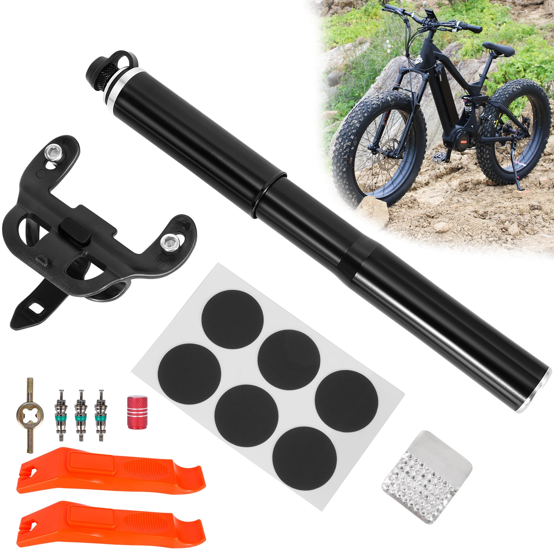 RUTU Bike Pump Portable - Mini Bike Pump 120PSI - Made of 6061 CNC Aluminum Alloy - Compatible with Presta & Schrader Valves - Includes Bike Frame Mount & Tire Repair Kit