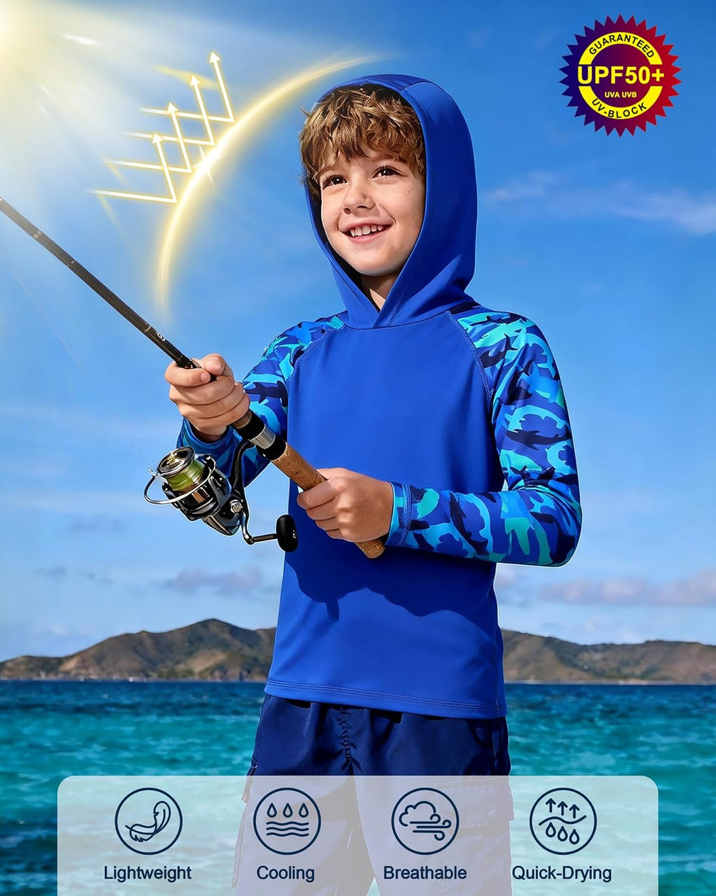 Skiennix Boys Rash Guard Swim Hoodie - UPF 50+ UV Protection Long Sleeve Fishing Shirt | Kids SPF Waterwear