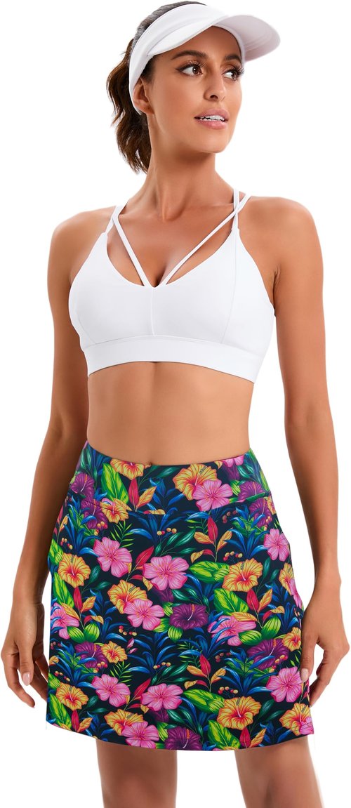 Oyamiki Women's Active Athletic Skort Lightweight Tennis Skirt Perfect for Running Training Sports Golf D08 Pink Yellow Floral L