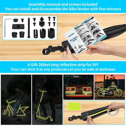 Amengsen Bike Fender Set with 26ft DIY Reflective Tape, Adjustable Bicycle Fenders for 24"/26"/27.5", 4 Parts-Universal Full Cover Thicken Widen, Front/Rear Mud Guards Fit for MTB Mountain Road Bike