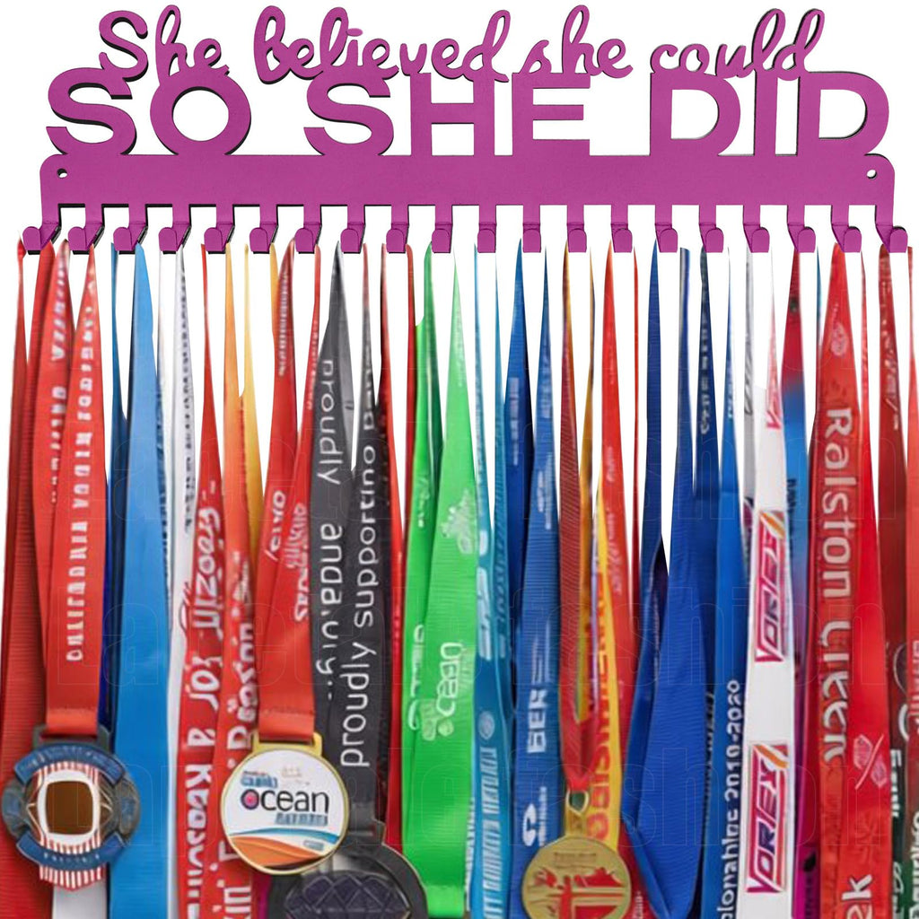 Lapetale Fashion She Believed She Could SO SHE DID Race Medal Hanger Display for 63 Medals-16 Wide with 20 Hooks-Purple Color Easy Use Awesome Gifts