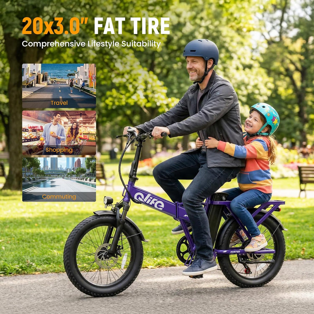 Qlife Hunter Foldable Electric Bike - 1200W Ebike with 48V Battery, 65-Mile Range & 20-Inch Fat Tires