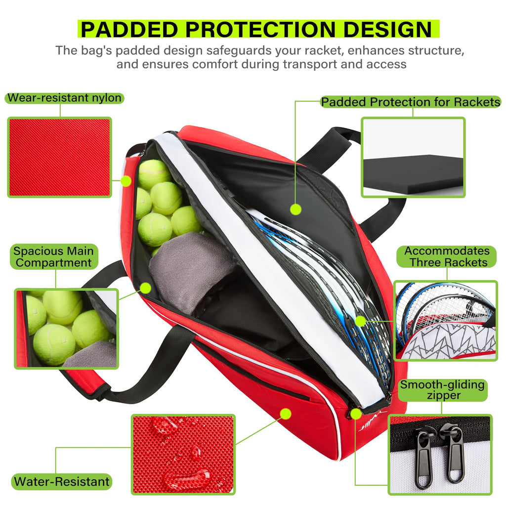 UNIHIMAL Tennis Bag for Men Women Holds 3 Rackets， Large Capacity Racquet Bags with Protective Pad, Removeable Shoulder Strap