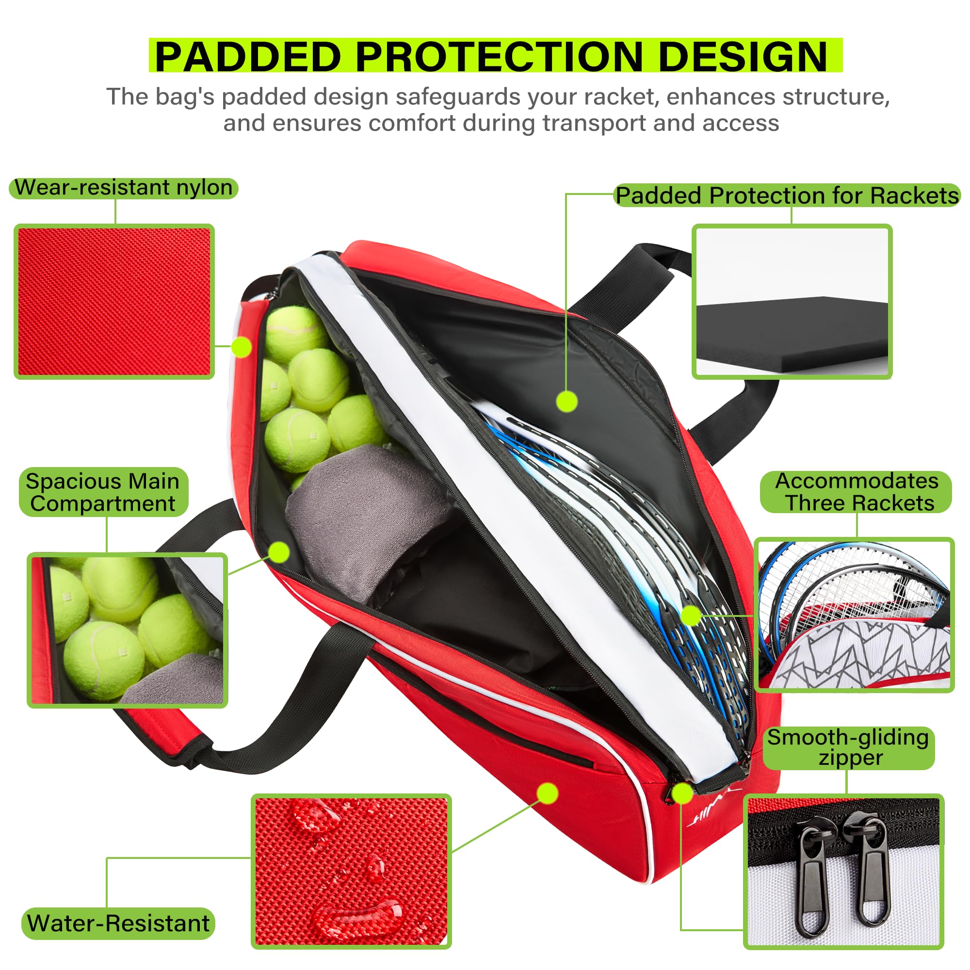 UNIHIMAL Tennis Bag for Men Women Holds 3 Rackets， Large Capacity Racquet Bags with Protective Pad, Removeable Shoulder Strap