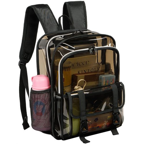 KUI WAN Clear Backpack, 15 inch Heavy Duty See Through Backpack for Boys and Girls Clear Book Bag with Multi-pockets, Brown