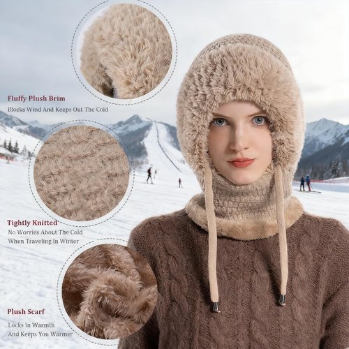 3 in 1 Beanie Hat with Scarf and Mask, Women Fleece Lined Beanie Hat Scarf Mask Set, Autumn and Winter Knitted Hat for Women (Black)