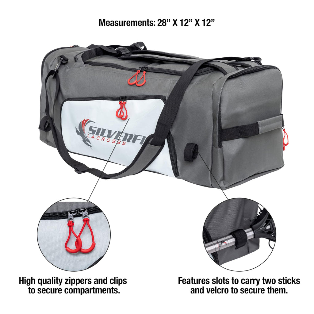 Silverfin Lacrosse Bag IMPROVED! |2 Stick Holders & Pockets for All of Your Lacrosse Equipment |Use as a Backpack or Duffel Bag| Lacrosse Gear Bag for Boys, Youth, Men With Adjustable Shoulder Straps