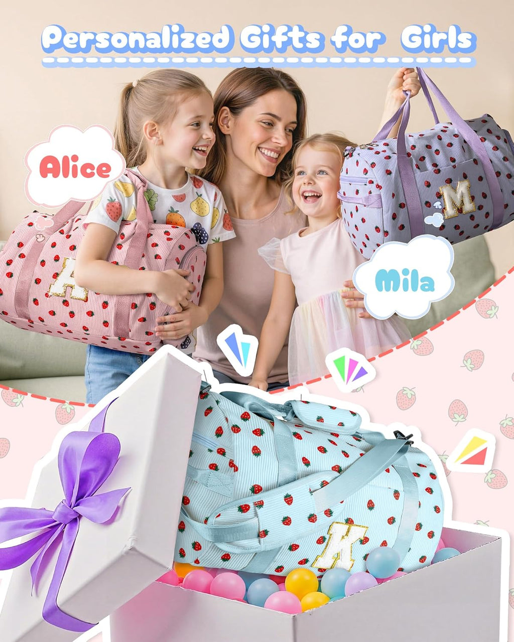 Skiennix Personalized Girls Gym Bag - Toddler Weekend Duffel with Shoe Compartment & Makeup Bag | Initial Travel Tote (Letter V)