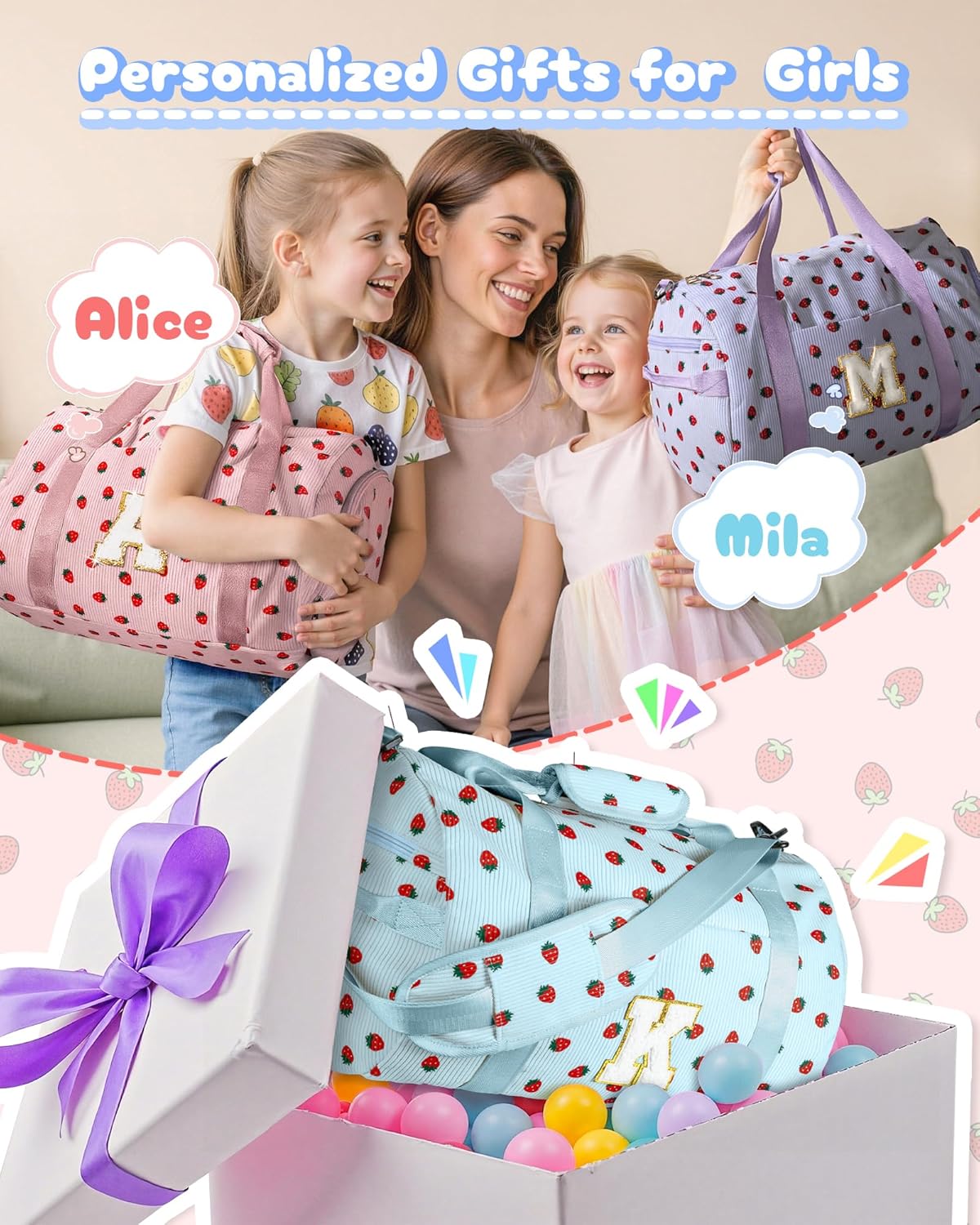 Skiennix Personalized Girls Gym Bag - Toddler Weekend Duffel with Shoe Compartment & Makeup Bag | Initial Travel Tote (Letter V)