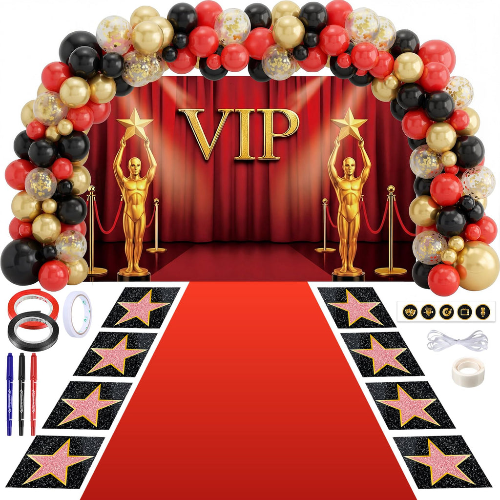 Tiamon 108 Pcs VIP Theme Party Decorations - Red Carpet with VIP Photo Backdrop Star Stickers Red Gold Black Balloons Markers for Movie Night Themed Prom Birthday Party Decorations