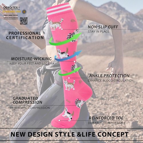 Fenglaoda Compression Socks - Knee High Support for Running & Travel | 4 Pairs for Men & Women