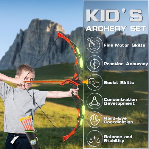 Handwell LED Light Up Bow and Arrow Set - Archery Toy for Kids with 10 Suction Cup Arrows & Target | Ages 3-12