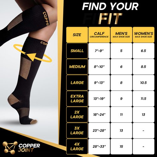 CopperJoint Copper Compression Socks for Women & Men, Knee High Support Socks, Wide Calf Friendly, Breathable Comfort for Work, Travel and Everyday Wear, 1 Pair, Medium, Black and Tan