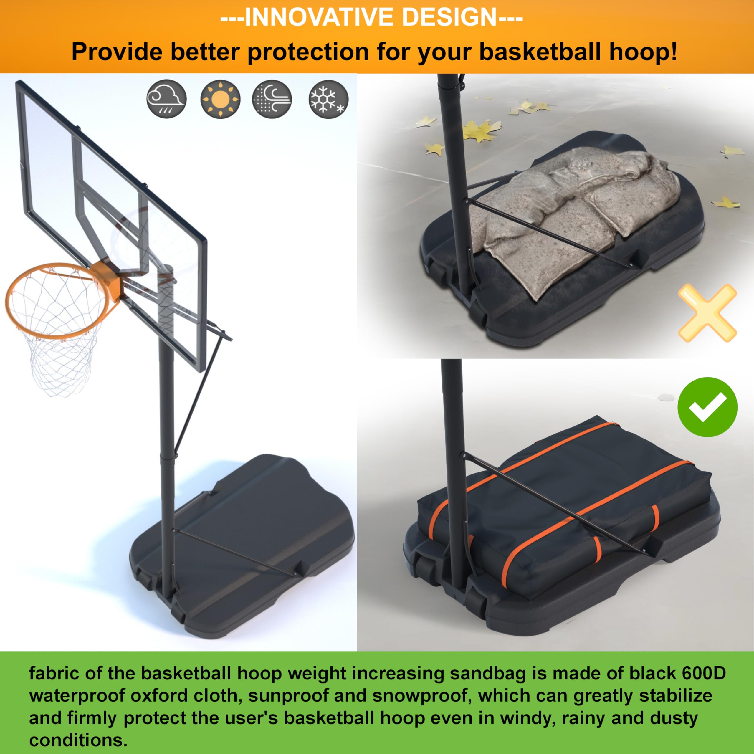 Basketball Hoop Sandbag - Heavy Duty Weighted Bottom Anchor for Basketball Hoops -600DOxford Fabric Waterproof Dustproof, Windproof, L35.4 xW23.6 xH5.1，Only Bag.