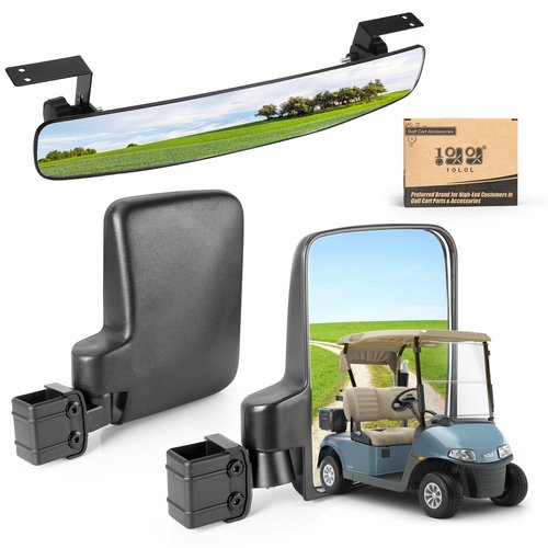 10L0L Universal Golf Cart Mirrors - HD Glass, Ultra-Wide View Back & Side Mirrors - No Drilling, Foldable - Compatible with Yamaha, Club Car, EZGO