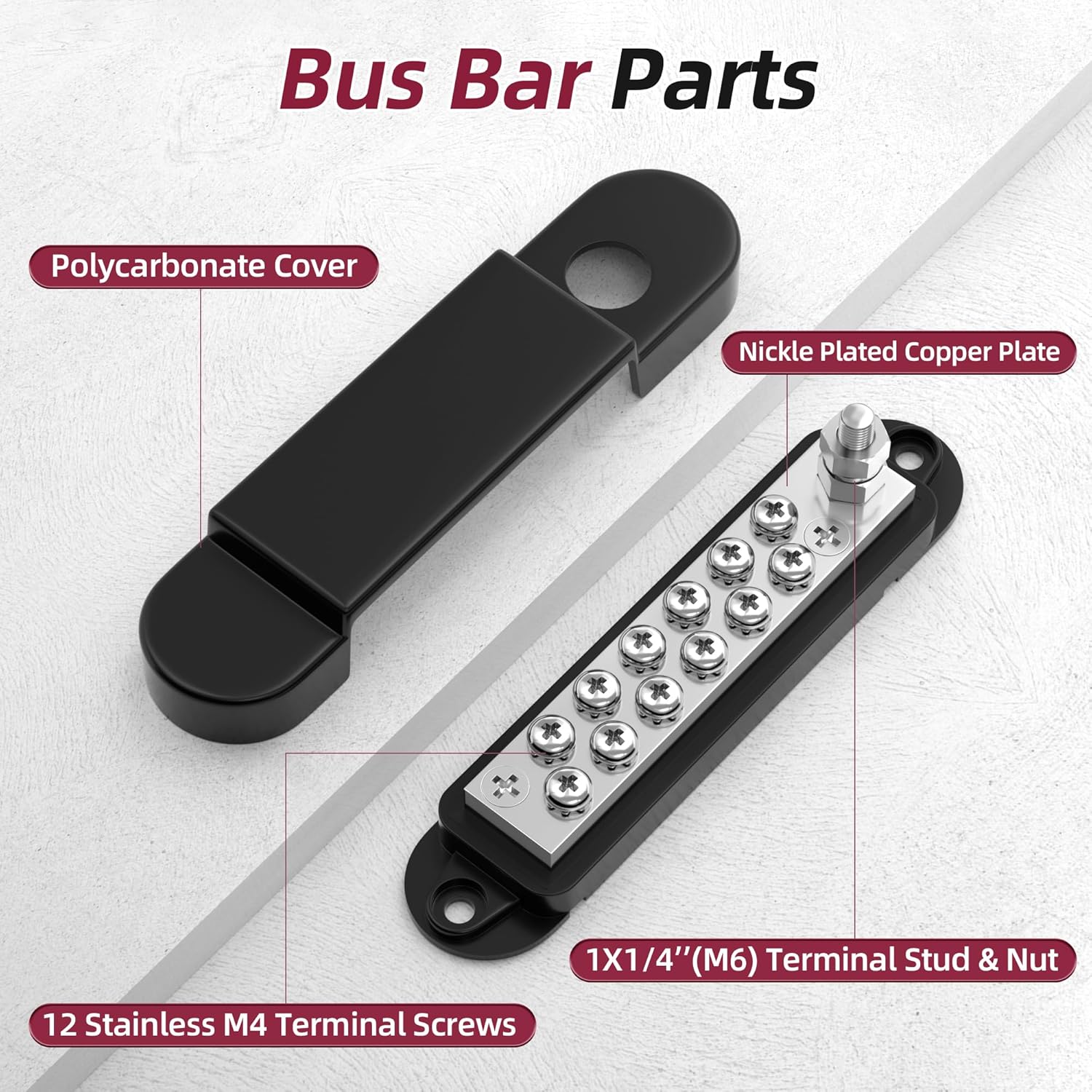 RVBOATPAT Marine Bus Bar - 12V 150A Power Distribution Block with 1/4" Stud & 12 #8 Terminal Screws
