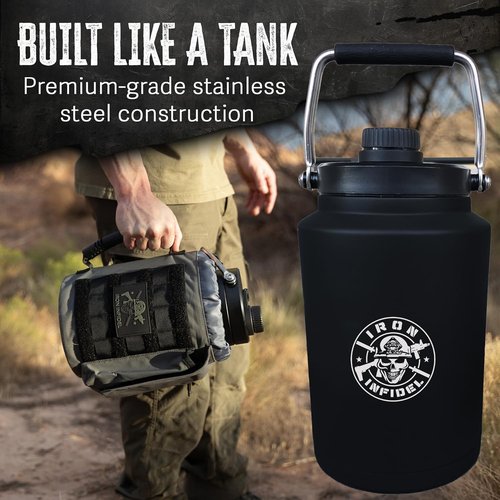 Iron Infidel Battle Bottle - 128 oz Insulated Tactical Water Jug with Dual Carry Handles & Rugged Sleeve
