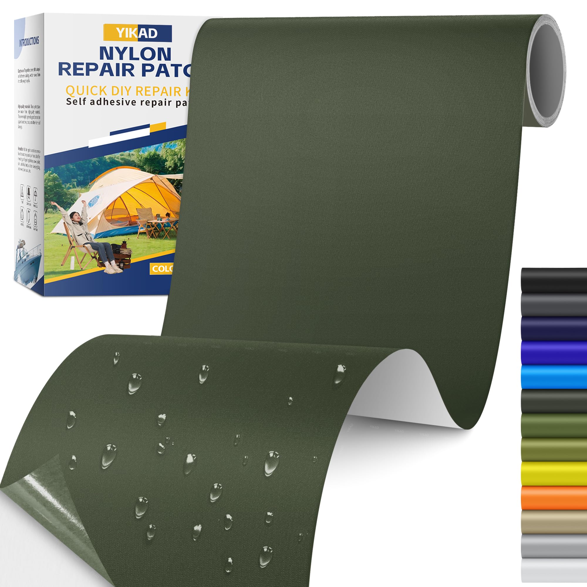 YIKAD Fabric Repair Tape, Self Adhesive Nylon Repair Patch, Waterproof Outdoor Nylon Tape/Patch Kit for Down Jacket Clothing Tent Awnings Boat Cover Couches Army Green 4x70 inch