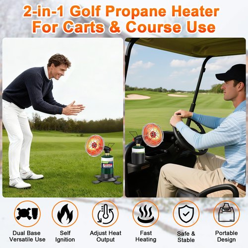 Golf Cart Heater 2 in 1 Portable Propane Heater with Self Ignition Golf Cart Cup Holder&Cylinder Base for EZGO Yamaha Club Car Most Golf Cart Tents (Fuel Cylinder not included）