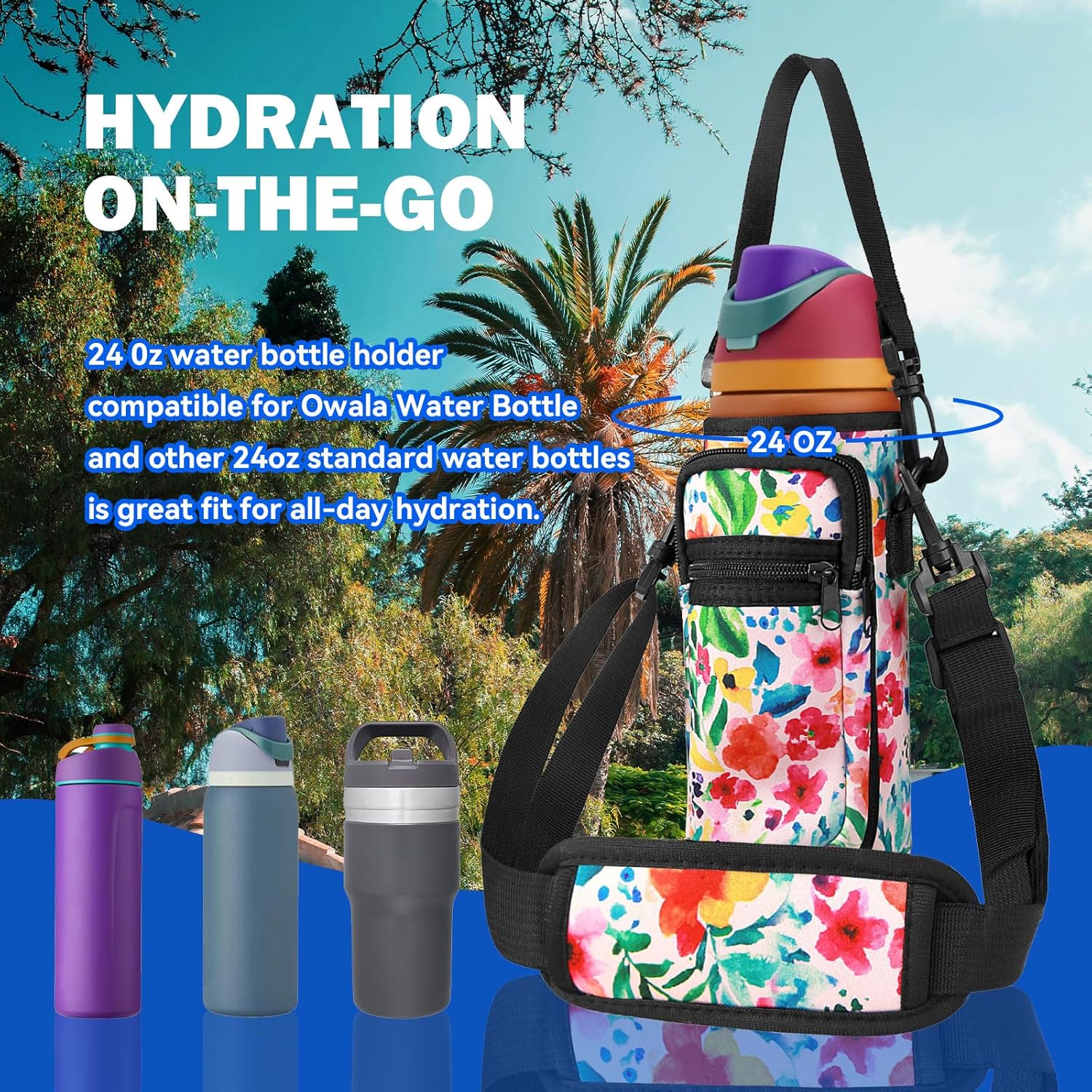 Owala | Neoprene Water Bottle Holder Bag - Adjustable Shoulder Strap & Cell Phone Pocket - 24 oz