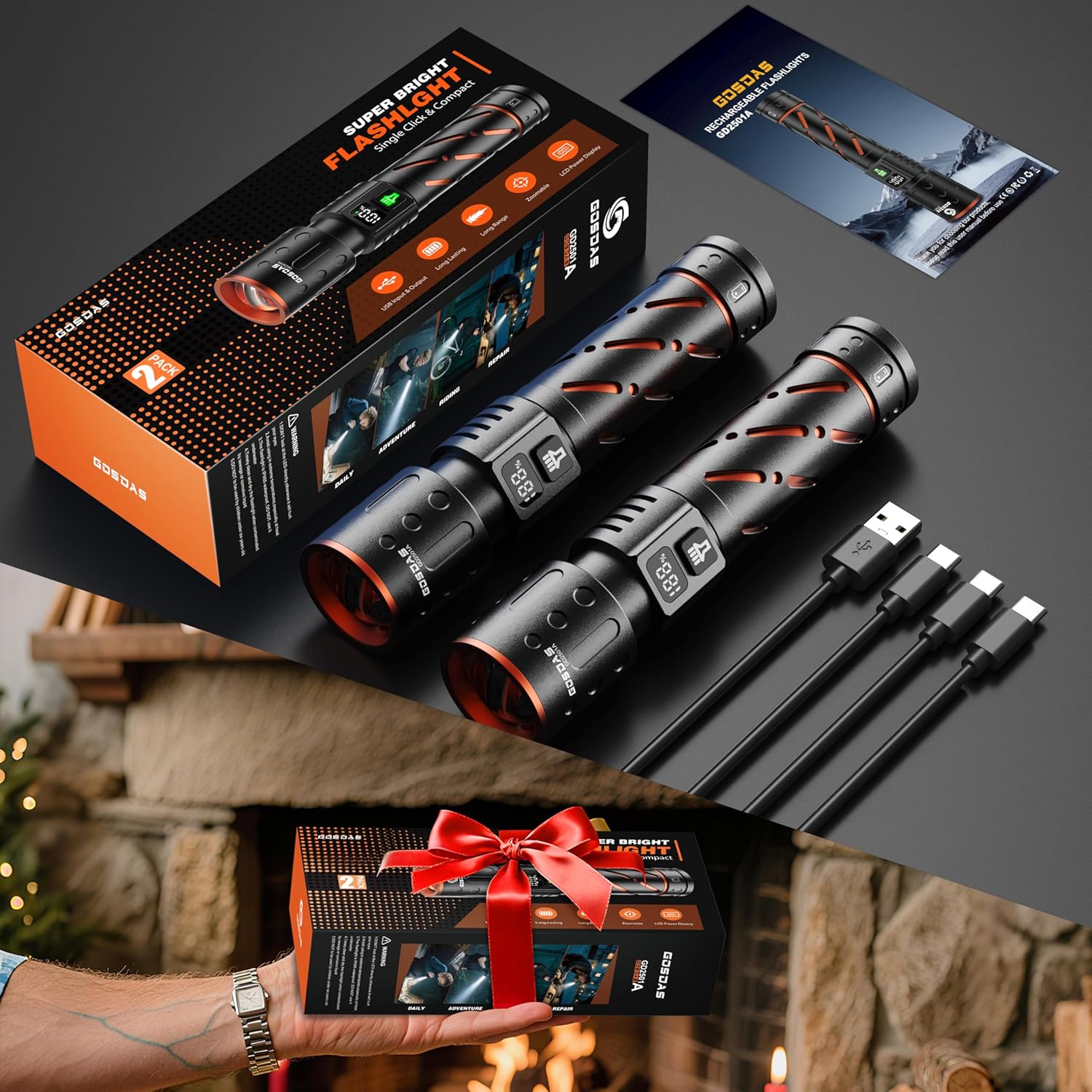 Skiennix Rechargeable Flashlights - Super Bright 30W LED, 100,000 Lumens, 12-Hour Battery Life | 3 Modes, USB-C Input/Output