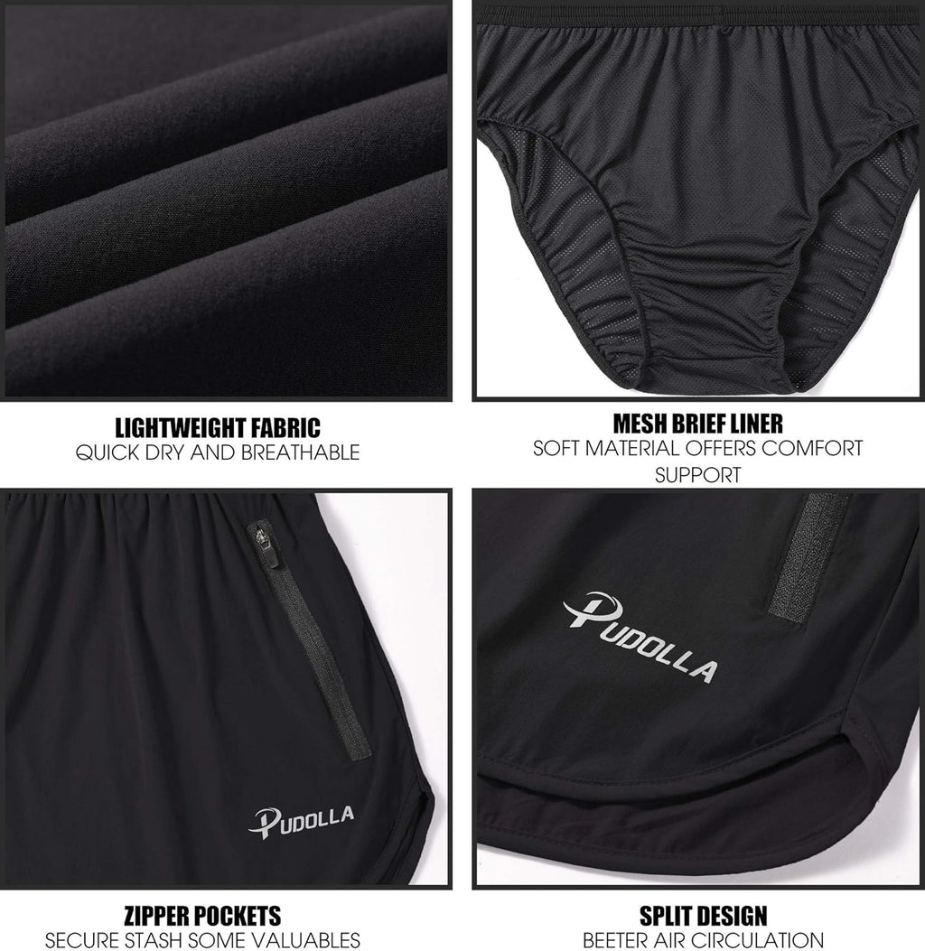 Pudolla Men's Running Shorts - Quick Dry Athletic Workout Shorts with Zipper Pockets | 3 Inch