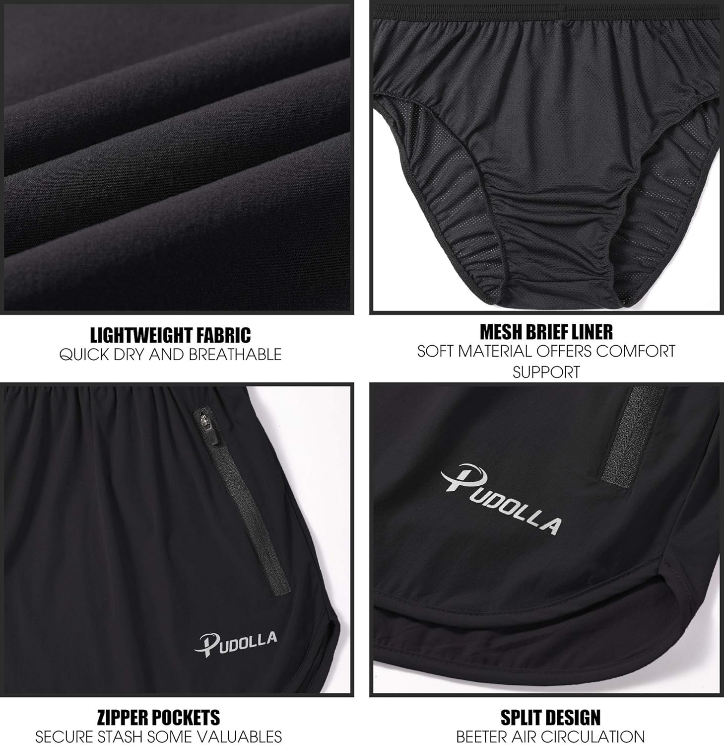 Pudolla Men's Running Shorts - Quick Dry Athletic Workout Shorts with Zipper Pockets | 3 Inch