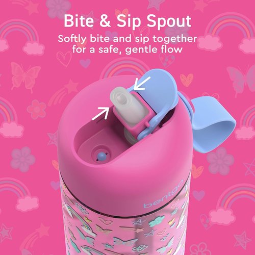 Bentgo Kids Water Bottle - Leak-Proof, Durable Tritan BPA-Free 15 oz Cup for Ages 3+ | Bite & Sip Spout, Dishwasher Safe (Rainbows & Butterflies)