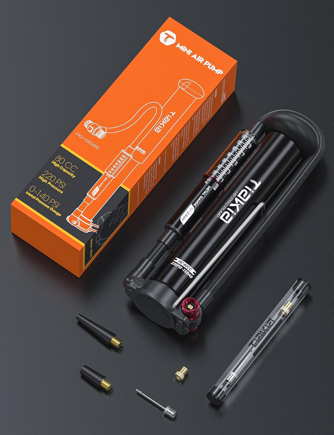 Tiakia High Pressure Bicycle Pump - Portable Hand Air Pump with Gauge for Presta & Schrader Valves | Aluminum, Fits Mountain & Road Bikes, Strollers, Balls