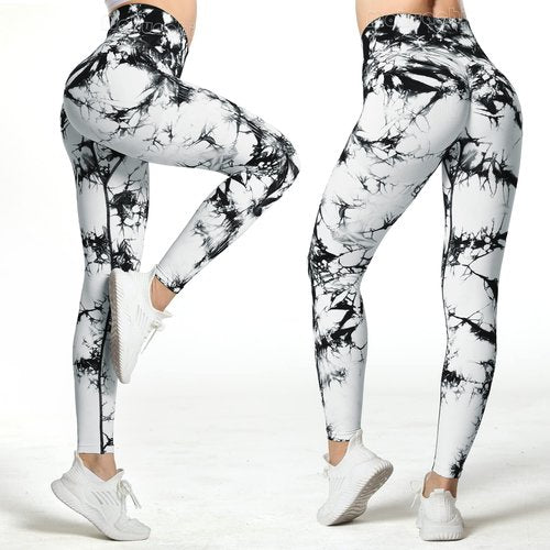 MOHUACHI Tie Dye Seamless Leggings for Women High Waist Yoga Pants, Scrunch Butt Lifting Workout Tights (Tie Dye Black White, XLarge)