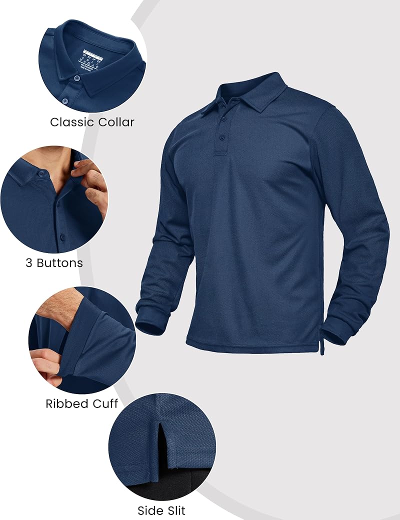 Magcomsen Mens Long Sleeve Polo Shirt - Breathable Athletic Golf Style Navy Large