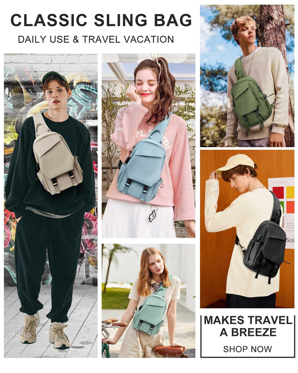 SEAFEW Black Sling Bag for Men Women, Mini Anti Theft One Strap Motorcycle Sling Backpack, Small Sling Chest Bag Daypack Crossbody Backpack for Casual Travel Hiking Gym Outdoor Sports