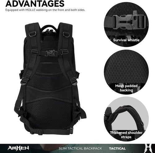 AMHEH 20L Slim Tactical Backpack - Rugged MOLLE Daypack with Suspended 13" Laptop Compartment | Black