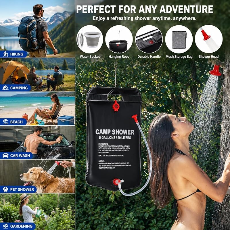 5 Gallon Portable Camping Shower Bag with Collapsible Water Bucket – Outdoor Shower Kit for Hiking, Beach & Travel